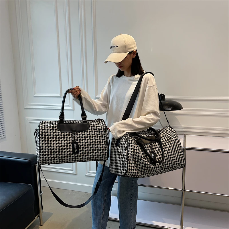 Duża Houndstooth damska torba podróżna Organizer siłownia torba na siłownię Weekend Duffle torebka torby na ramię Crossbody kostki do pakowania skrzynki