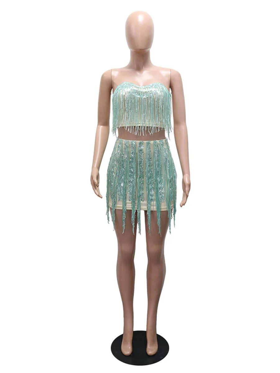 ZIML الصلبة مثير شرابة قطعتين مجموعات للنساء ساحة طوق أكمام أعلى تنورة عالية الخصر الصيف حزب مجموعة الإناث الموضة