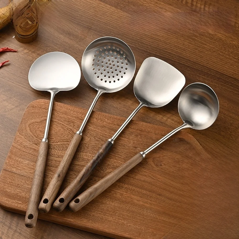 2Pcs Stainless Steel Wok Spatula Set With Walnut Wood Handle Heat Resistant Cooking Utensils For Frying Stirring Kitchen Tools