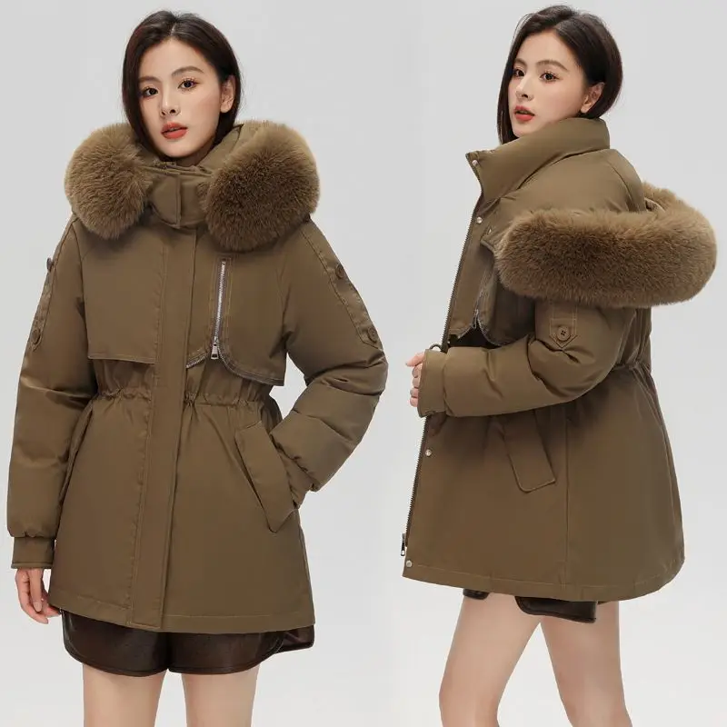 2025 New Winter Coats Women Warm Parkas Long Sleeve Tops Casual Big fur Collar Hooded Cotton Padded Jackets Black Khaki Outwear