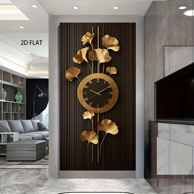 

2D Flat Large Modern Golden Leaf Wall Clock Canvas Wall Art, Frameless Golden Clock Wall Art for Living Rooms, Porches Decortion