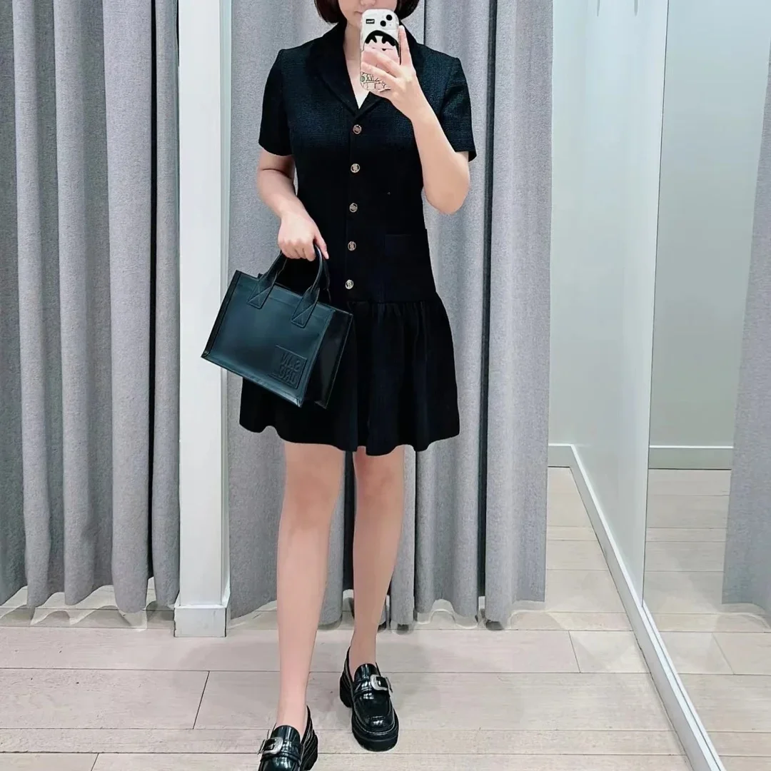 

Women clothing Coarse tweed dress for commuting black suit collar, short sleeved short French niche 24 early autumn