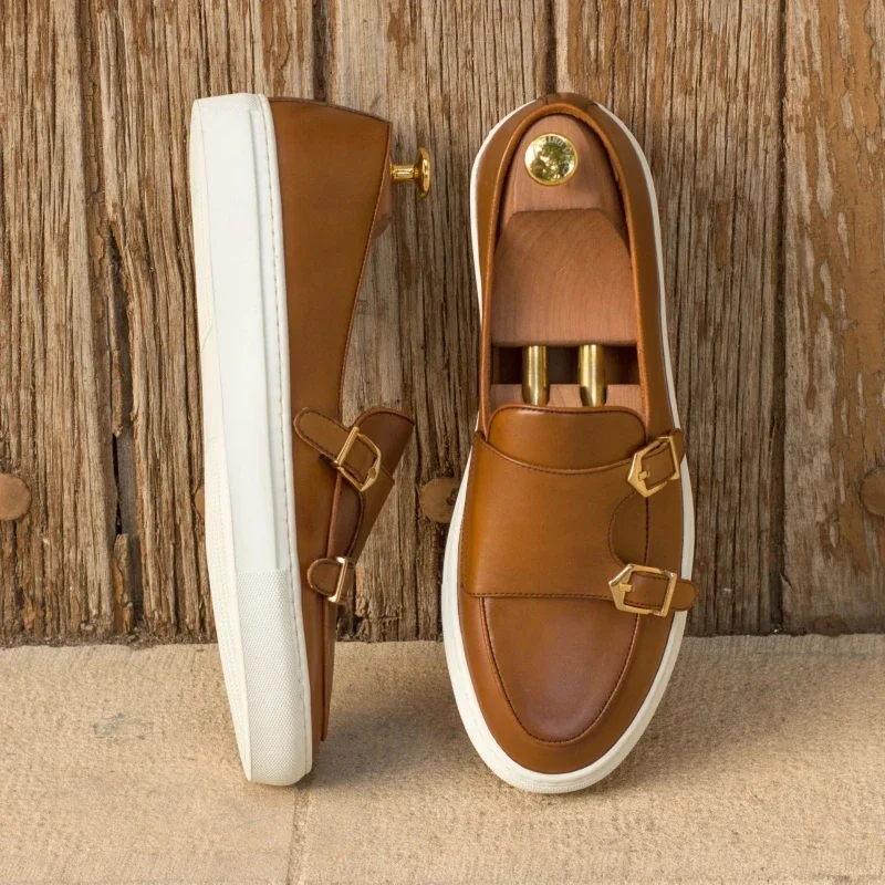 Brown Men Vulcanize Shoes Double Buckle Monk Shoes Slip-On Pu Handmade Casual Mens Shoes  Size 38-46