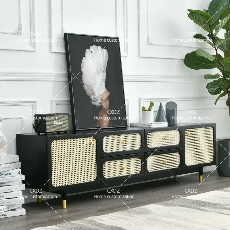 Nordic Solid Wood Rattan TV Cabinet Modern Living Room Light Luxury Audio Visual Storage Cabinet Simple Household Floor