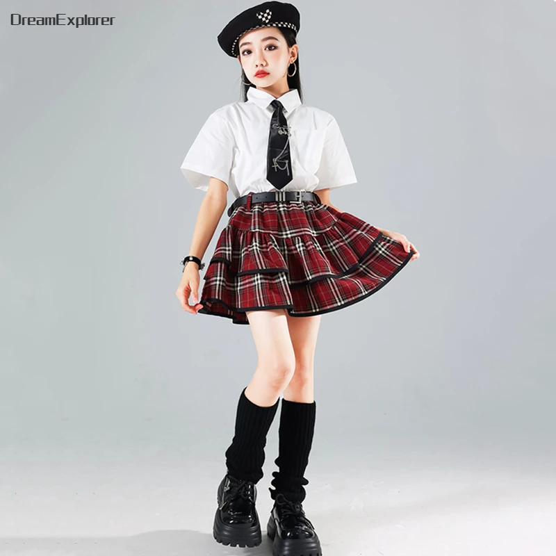 Hip Hop Girls Shirt Street Dance K-pop Plaid Tiered Skirts Kids School Uniforms Streetwear Children Jazz Costumes Clothes Sets