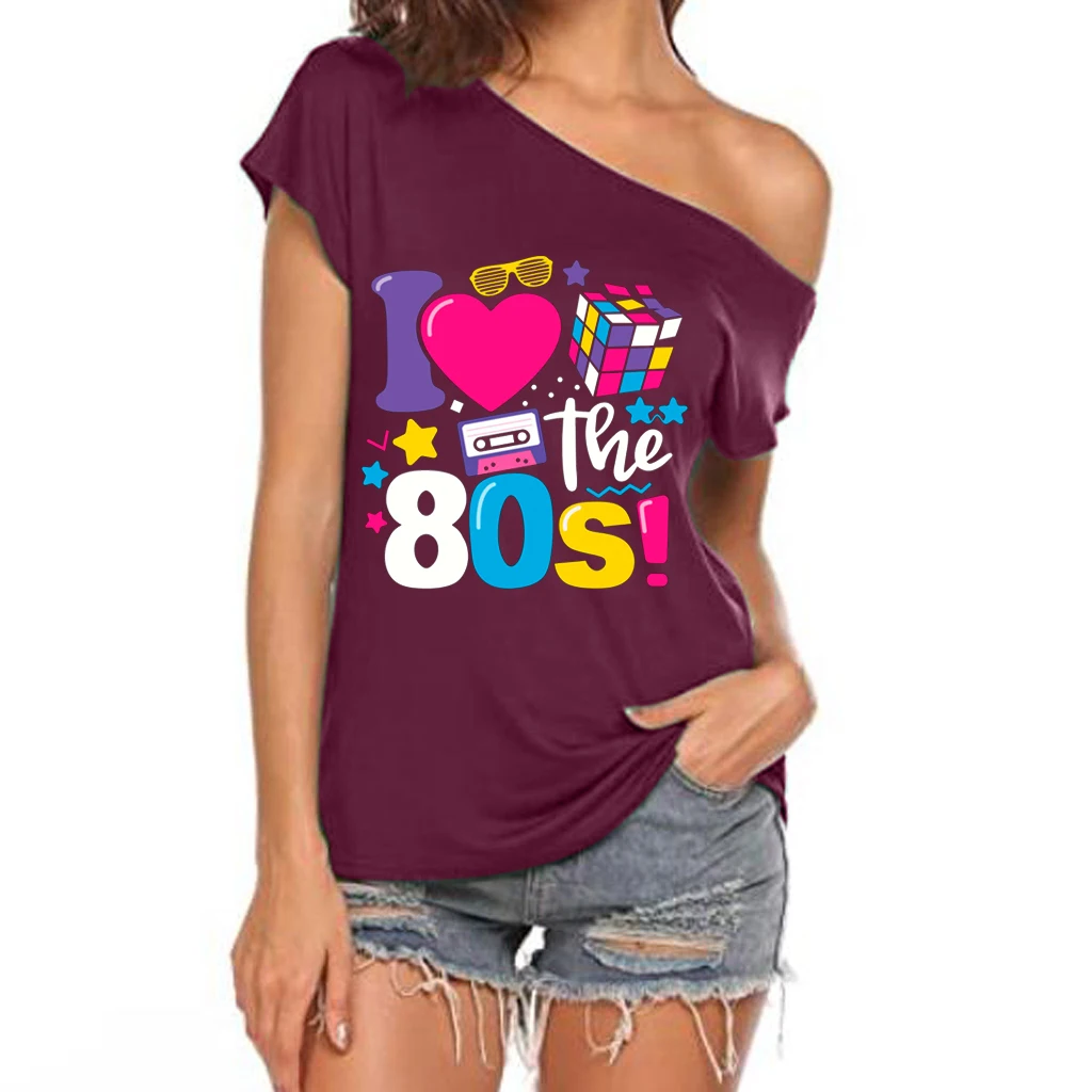 XUANSHOW 2024 Sommer I Love the 80s Emotional Element T-Shirt Sexy Off Shoulder Tops Kurzarm Buchstaben bedrucktes T-Shirt – Detail 8