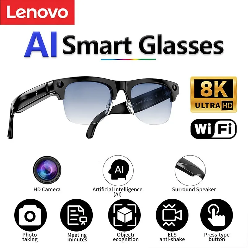 Lenovo New Half Frame AI Shooting Smart Glasses 8K HD Cam Wireless Bluetooth Calling Translation Object Recognition Sunglasses