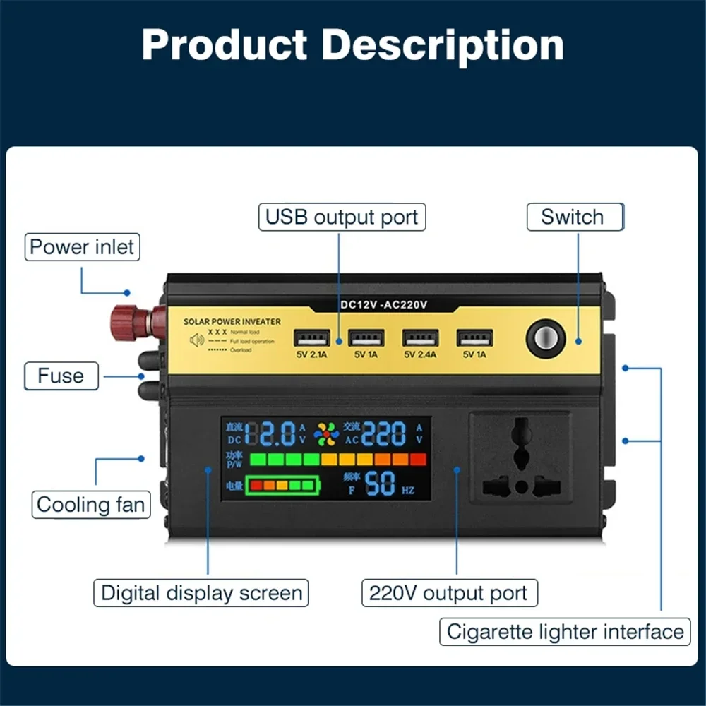 Modified Sine Wave Power Inverter 6000/5000/4000/3000W LCD Display DC 12V 24V to AC 220V Transformer Convert Charging Converter