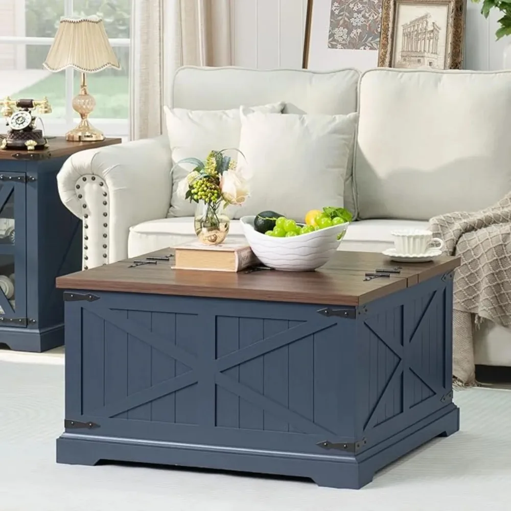 

Farmhouse Coffee Table with Large Hidden Storage Compartment, Navy Blue Square Center Table, Low Modern Living Room Tables