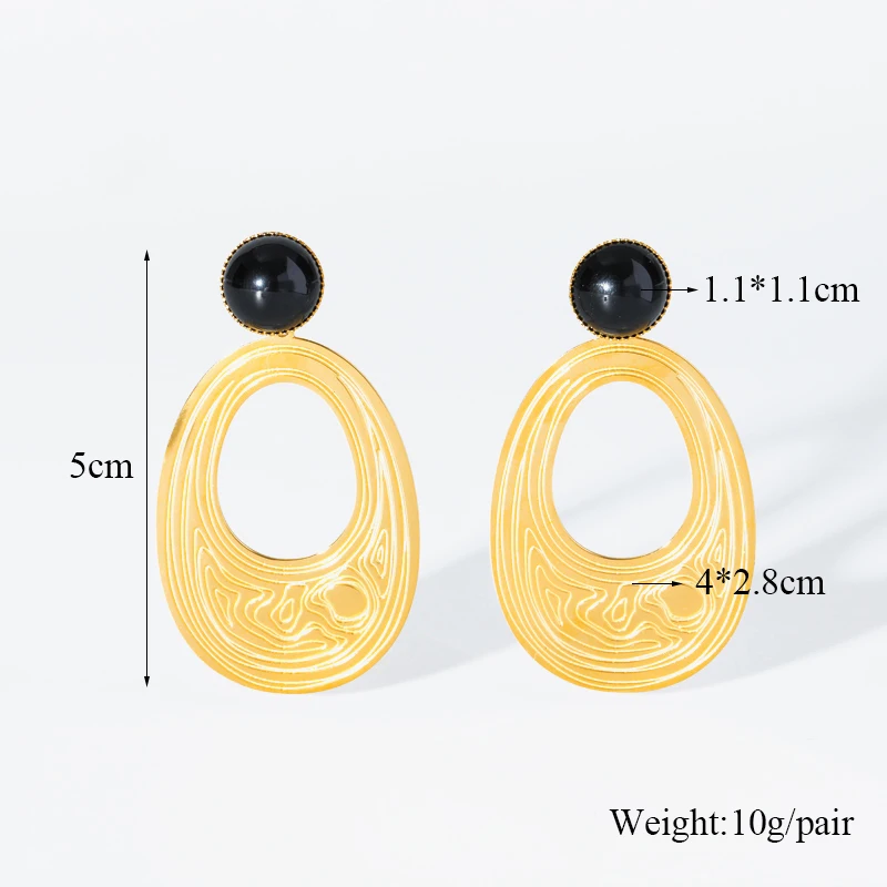 EILIECK 316L Stainless Steel Oval Tree Whorl Pattern Earrings For Women Fashion Black Stone Waterproof Ear Jewelry Gift Party