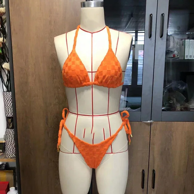 Damskie Bikini BEACHCICI dwuczęściowe letnie seksowne jednolita plisowana związywane tkaniny tekstury Halter bez pleców sznurować plaża strój