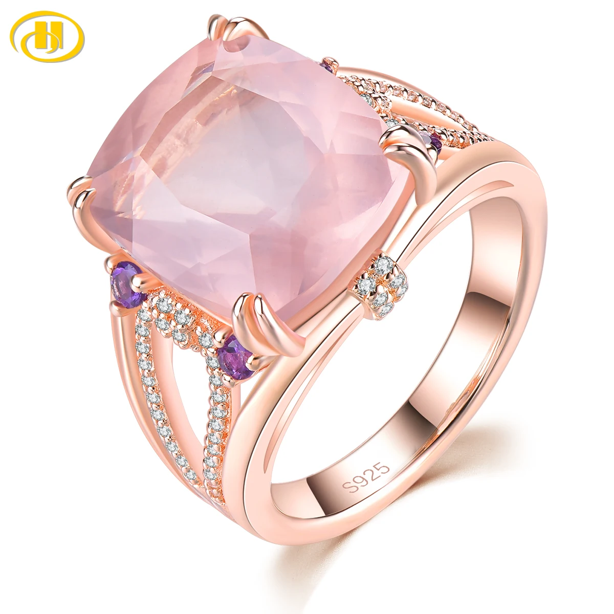 Natural Rose Quarts Sterling Silver Women's Ring 9.5 Carats Light Pink Gemstone Rose Gold Plated Romantic Gorgerous Fine Jewelry