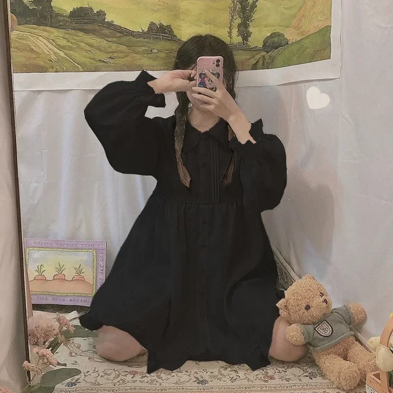 일본풍 달콤한 소녀 로리타 드레스 화이트 2025 여름 카와이 피터팬 칼라 귀여운 러플 퍼프 소매 드레스 우아한 여성 드레스