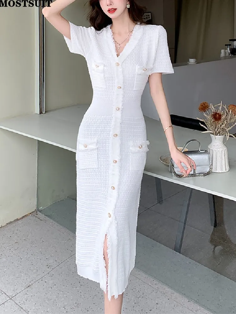 Elegant Slim Knit Bodycon Dress Women 2024 Summer Short Sleeve V-neck Single-breasted Long Dresses Solid Stylish Vintage Vestido