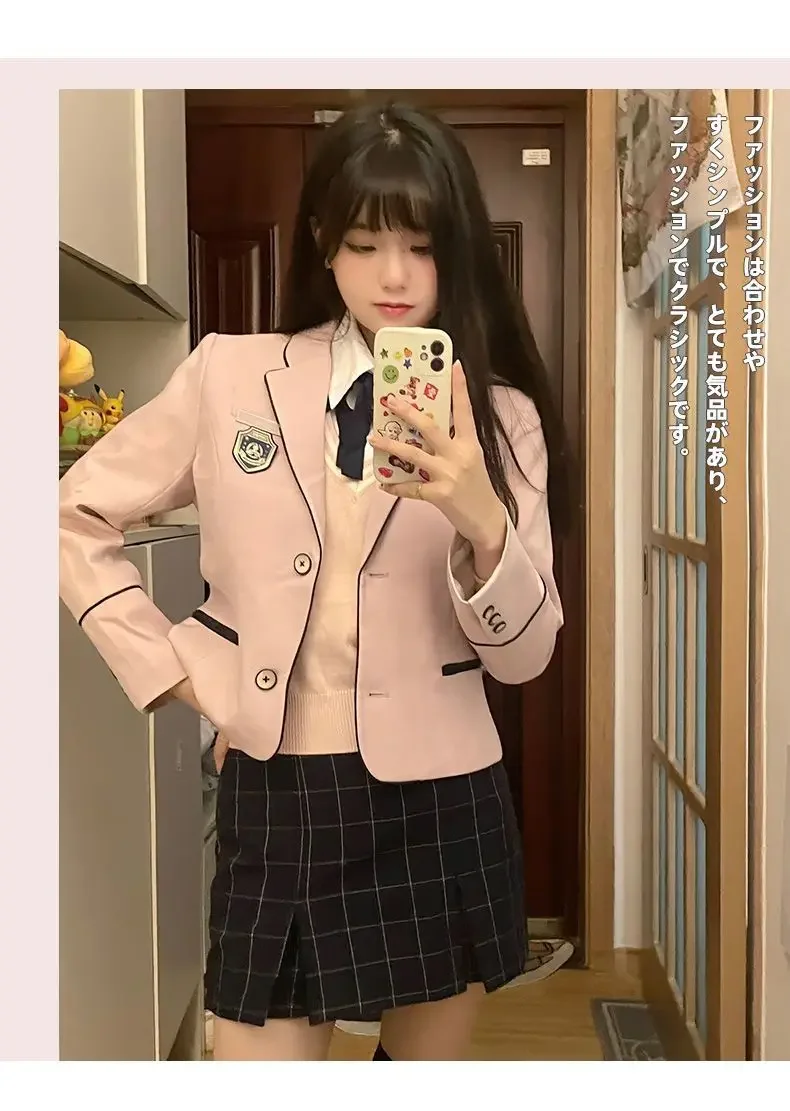 Preppy Suit Autumn And Winter Japanese Korea JK Pink Suit Jacket Knitted Vest Sweater Women Daily Improved Jk Uniform Set