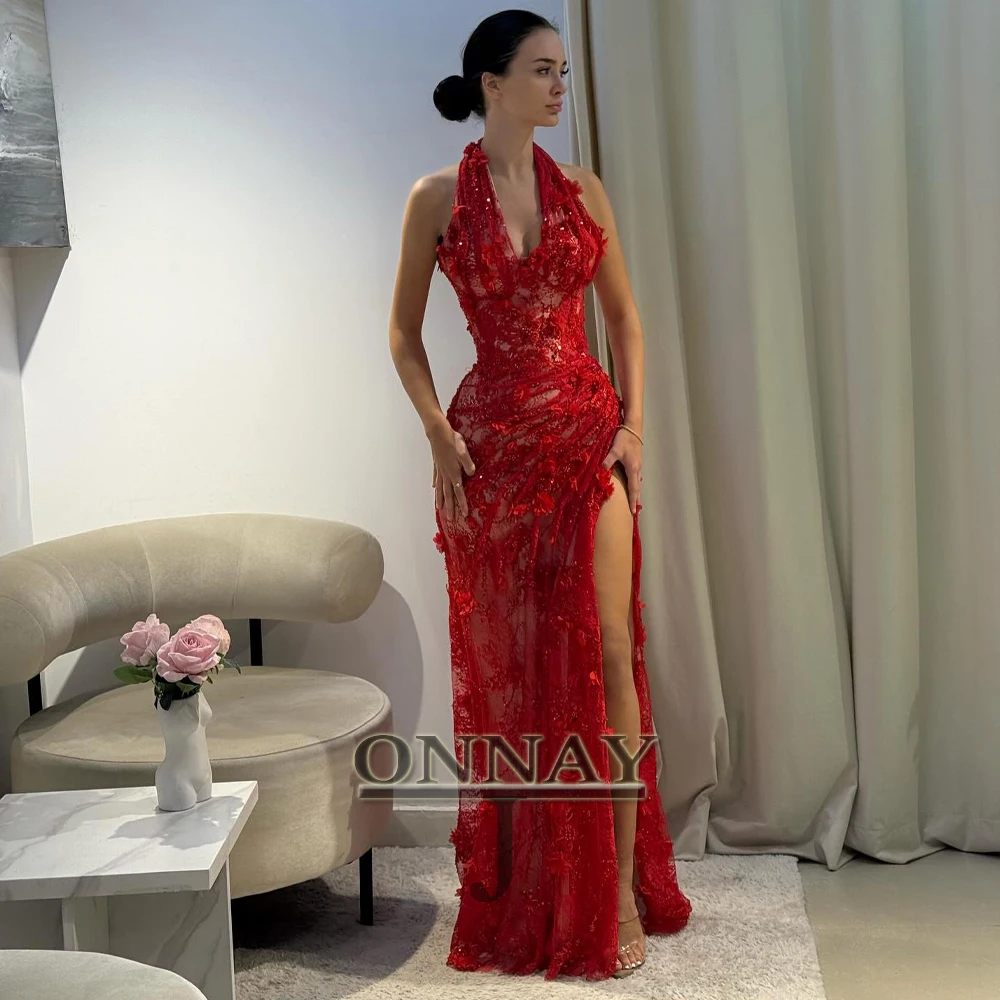 맞춤 제작된 정교한 3D 나비 장식 이브닝 드레스, 슬릿과 아플리케, 진주 장식이 있는 여성용 두바이 파티 드레스 플러스 사이즈