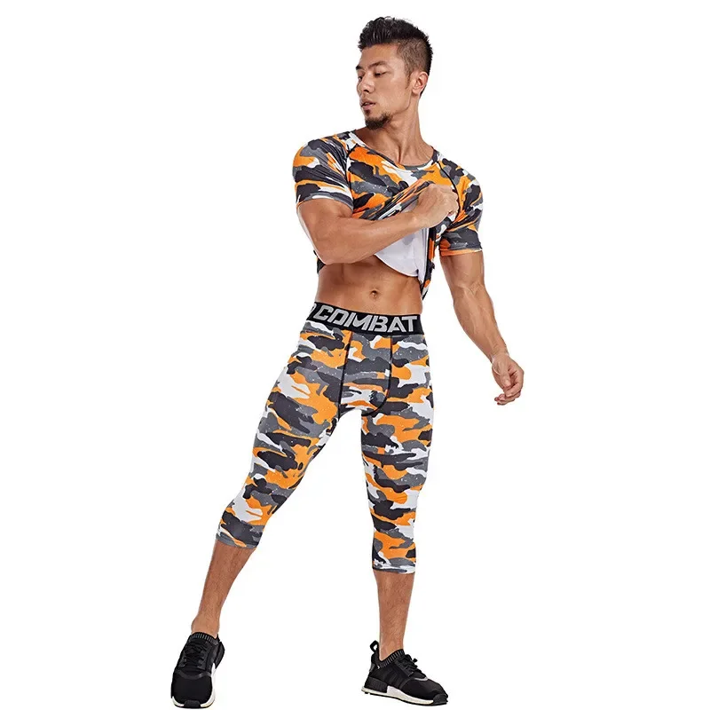 Men Sleeve Boxing Jersey Male GYM Fitness Tee Capri Leggings Short Sport Running Set Skiing Basketball Football Clothes Suit J63