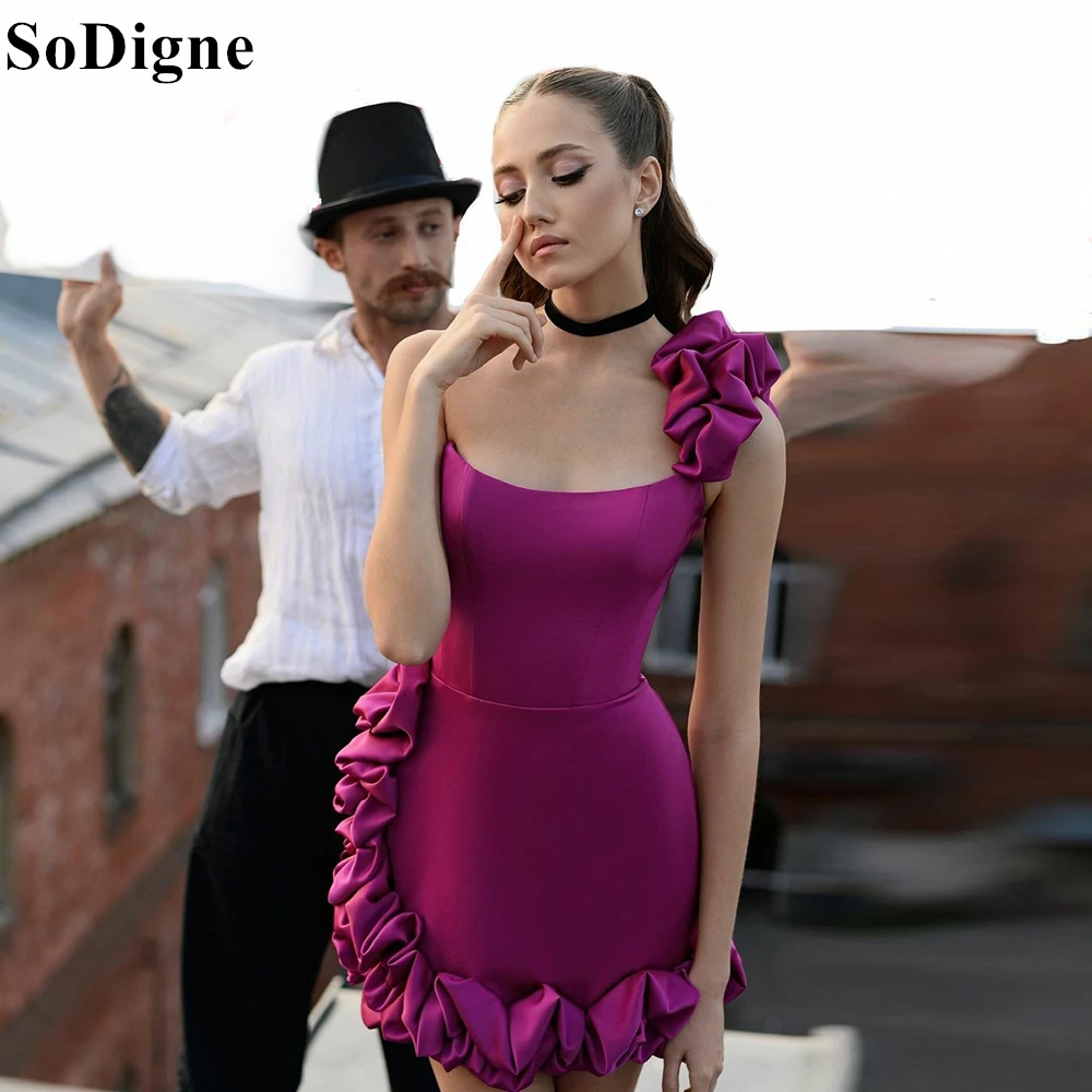 

SoDigne Purple Sexy Short Homecoming Dresses One Shoulder Mermaid Ruffles 2024 Party Mini Dress Satin Cocktail Gowns Customized