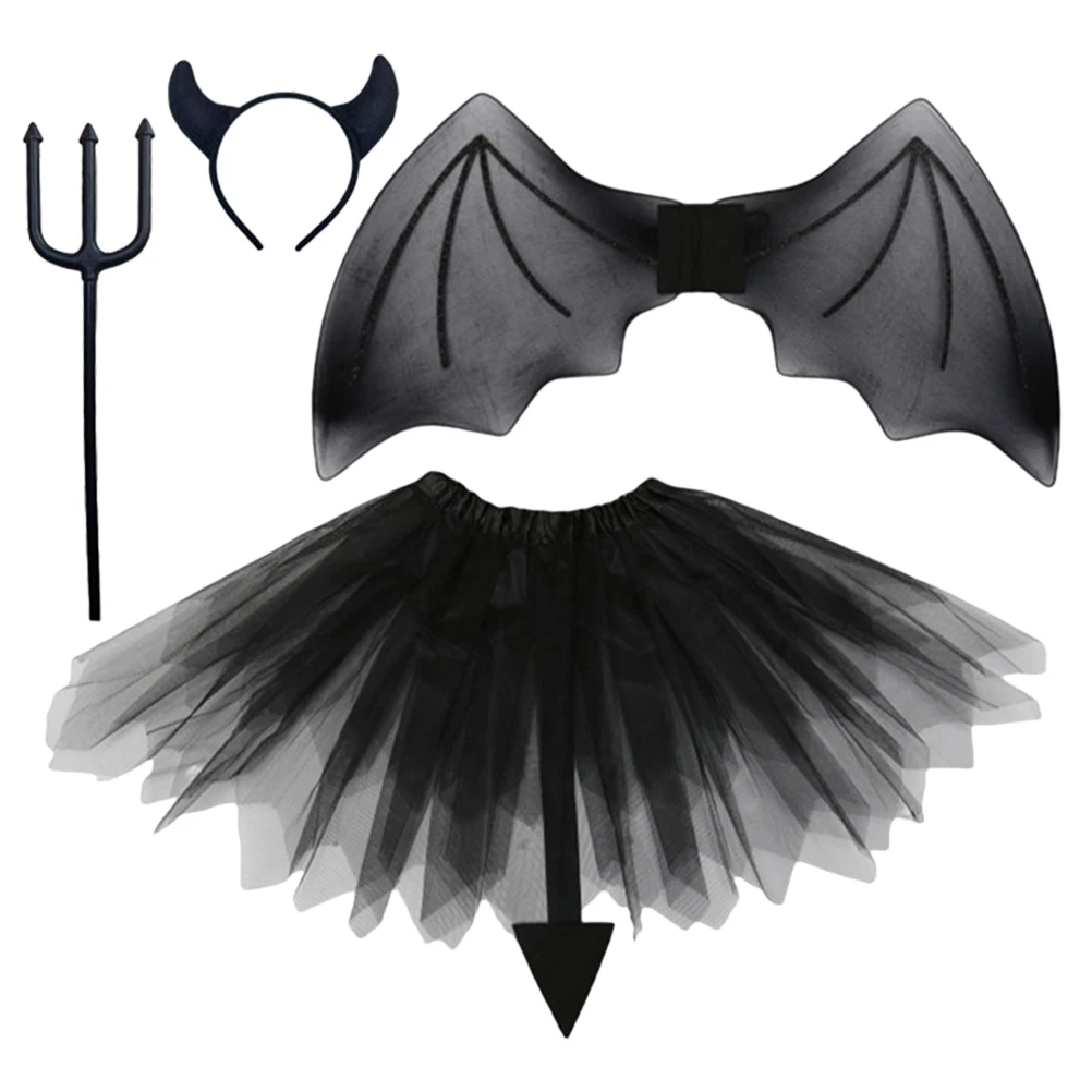 

1 set Demon Wings Set Full Black Costume Kids Height 80-140cm Halloween Props Performance Costume Wing Headband Skirt