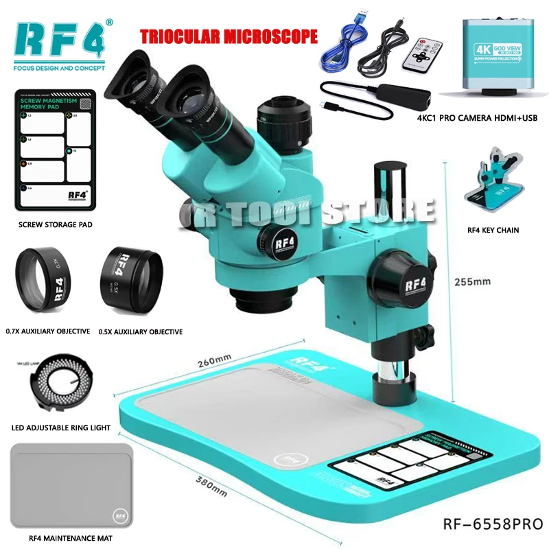 RF4 RF-6558PRO 1080P 4K HDMI ビデオカメラ 6.5X-58X サイマル焦点三眼ステレオ顕微鏡電話はんだ付け PCB 修理用