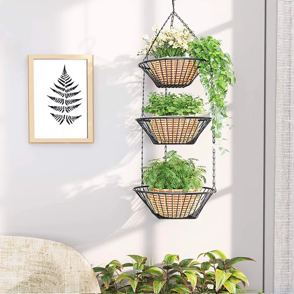 

Foldable Hanging Fruit Basket Nordic Wall Hanging Flowers Basket Storage Rack Iron Wire Three Tier Vegetable Basket