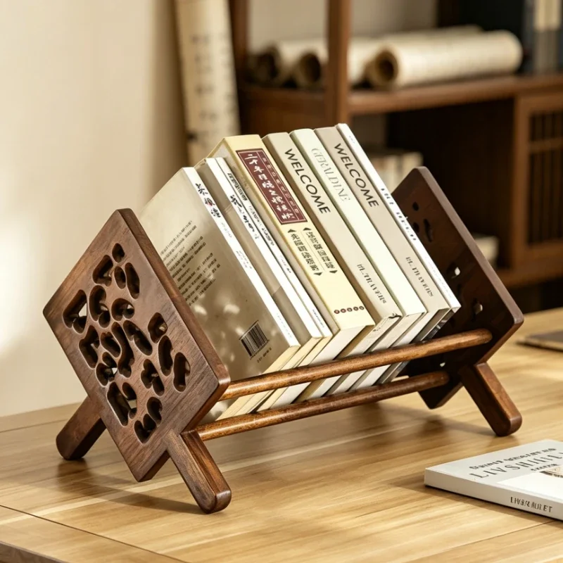 Solid Wood Desktop Bookstand Hollow‑Carved Tabletop Book Holder Simple Storage Rack for Bedside Window Office Desk