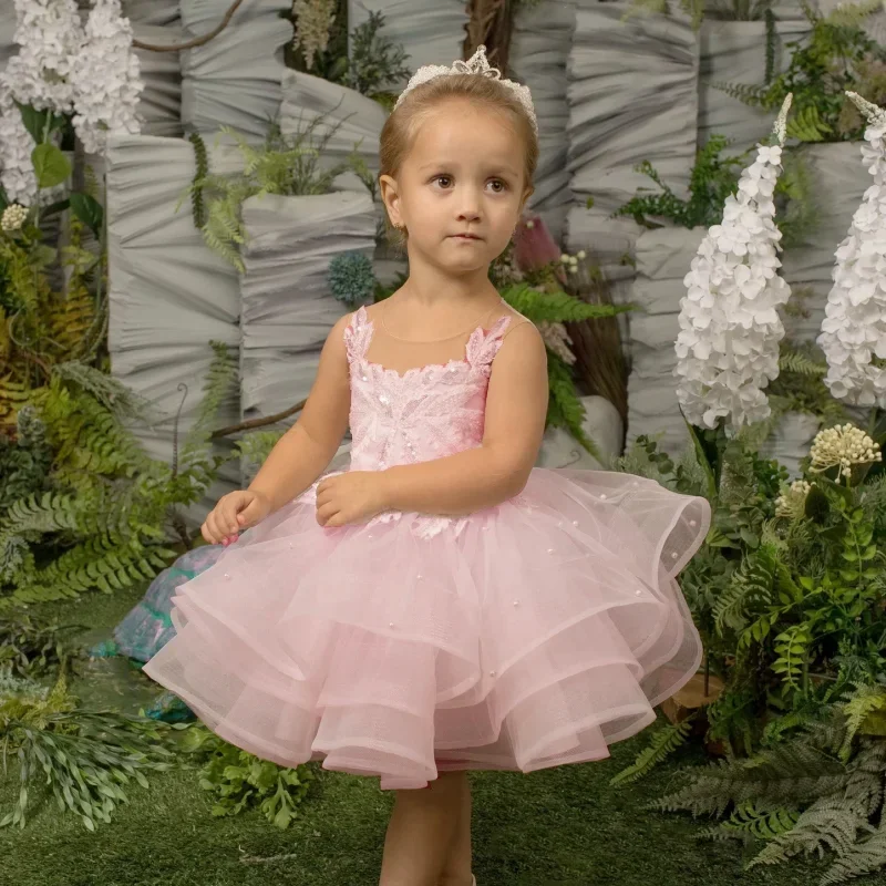 Flower Girl Dresses Light Pink Tulle Tiered Flory Pattern Sleeveless For Wedding Birthday Party First Communion Gowns baby