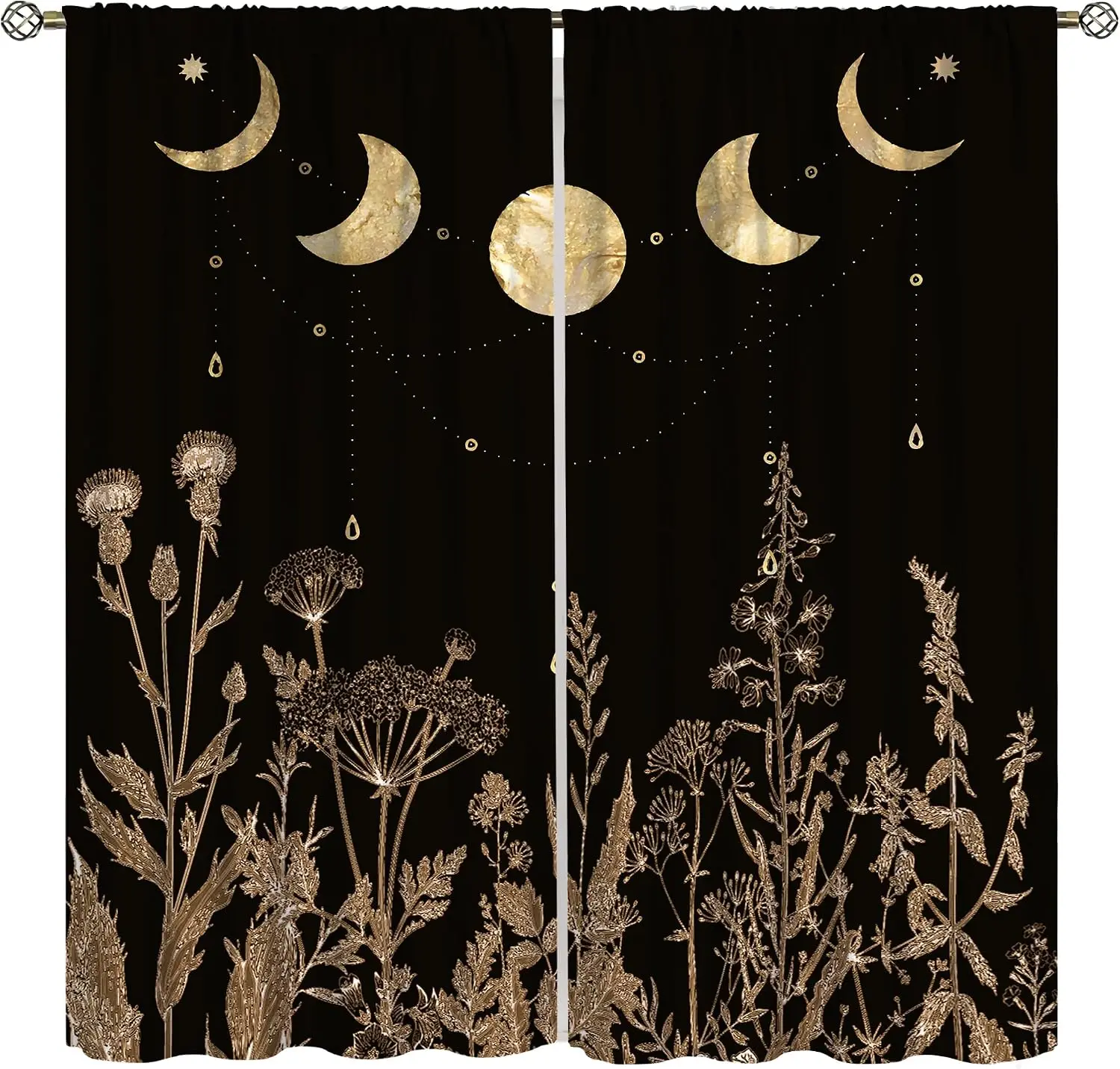 Boho Bohemian Celestial Moon Star Floral Curtains Black and Gold Foil Print Cosmic Galaxy Window Panels Drapes for Bedroom Livin