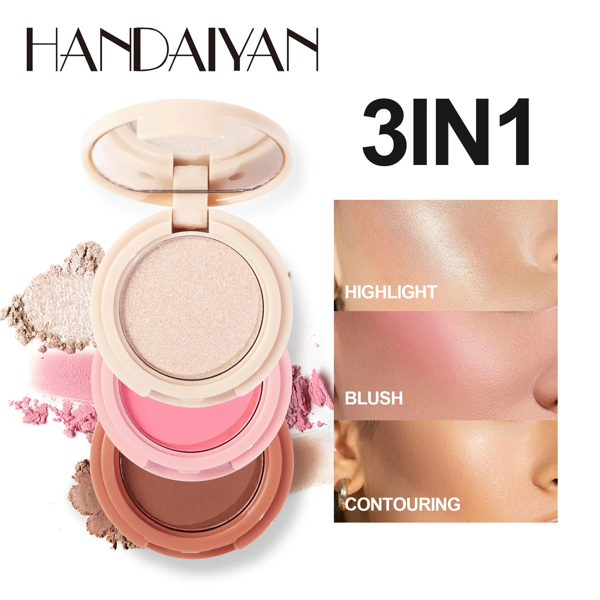 Handaiyan 3-in-1 highlighter blush contouring Platte brightening complexion Women Face makeup Cosmetics Long Lasting Waterproof