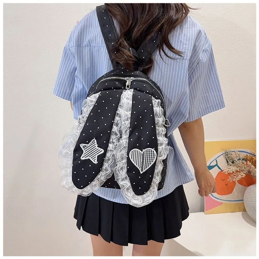 Fashion Polka Dot Bunny Ear Lace Backpack Large Capacity Lightweight Lace Ruffle Backpack Fashion Daypack Daily Outfits