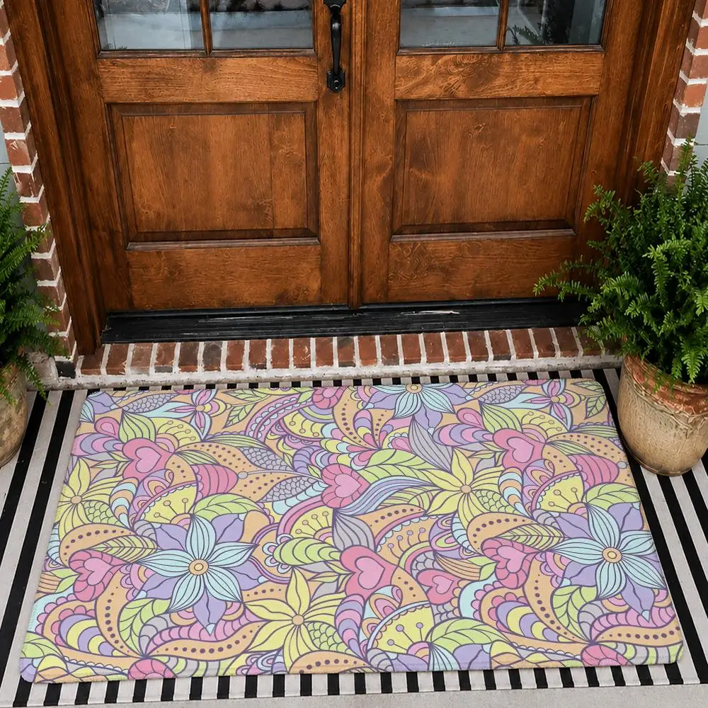Doodle Floral Swirl Hearts Floor Mat Flannel Rug Non Slip Absorbent Soft Washable For Entryway Hallway Bathroom Kitchen Decor