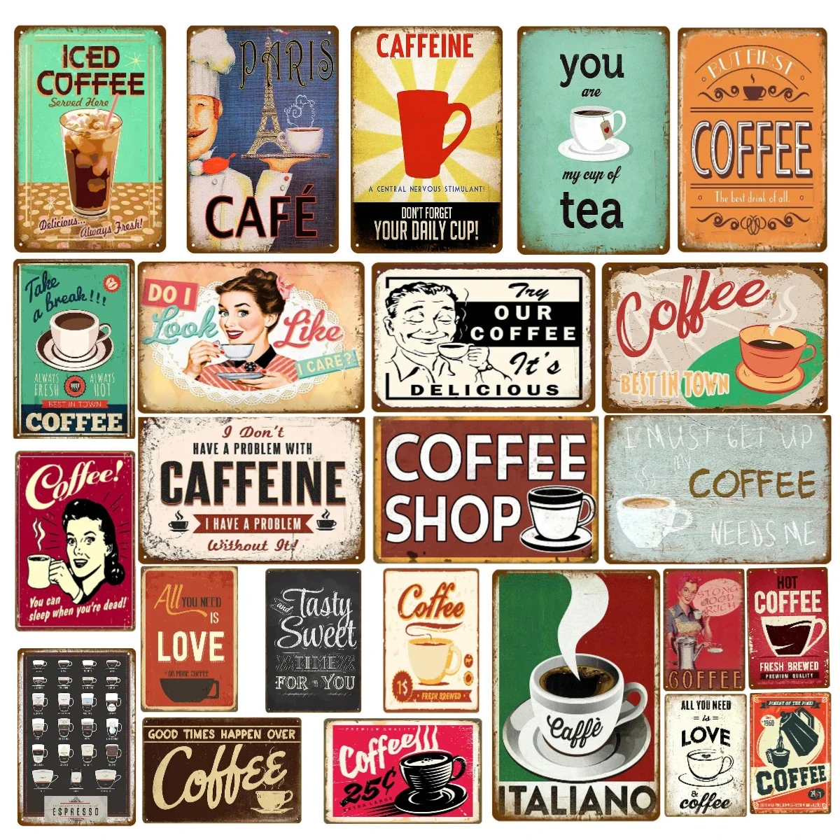 Paris Cafe Coffee Shop Tin Sign Italiano Caffeine Vintage Metal Plaque Kitchen Bar Wall Decor Retro Posters Iron Painting