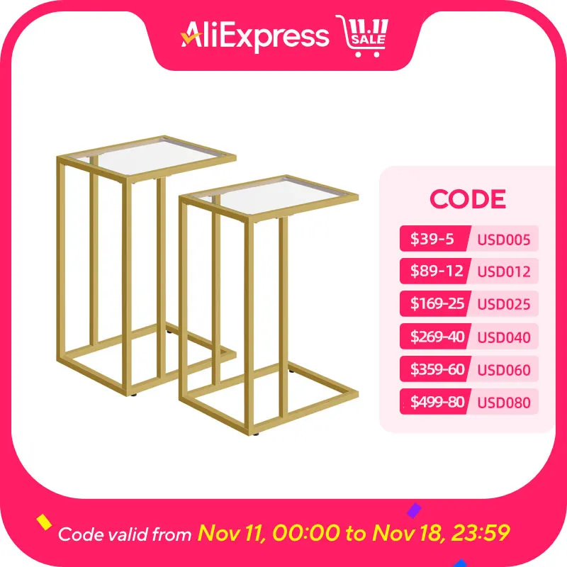 C Shaped End Table Set of 2, Tempered Glass Snack Side Table with Metal Frame, TV Tray Table for Small Space, Sofa Couch