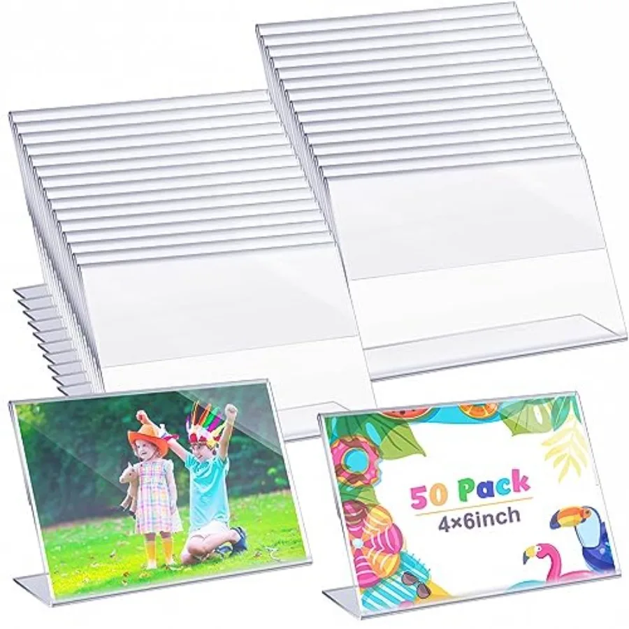 

50 Pcs Acrylic Picture Frames Bulk 4 x 6 Inch Plastic Sign Holder Clear Frame Horizontal L Shape Acrylic Photo Slanted Back Pla