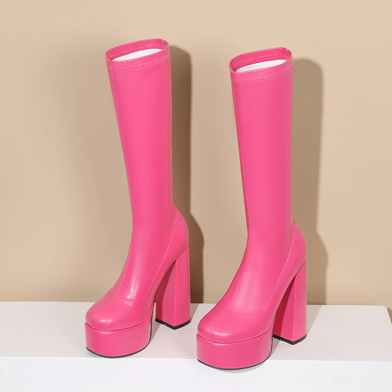 Super High Thick Heel Solid Color Simple Style Knee High Boots High Waterproof Platform Sewing Women's Boots Winter New image 5