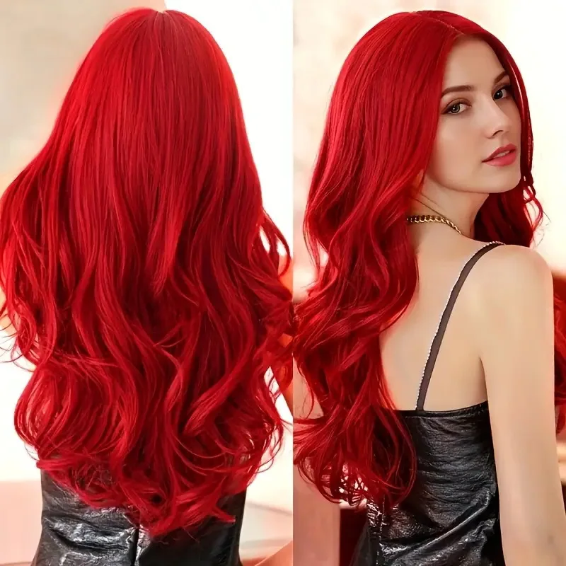New European and American style women's wig, fashionable red synthetic fiber long wavy hair wig