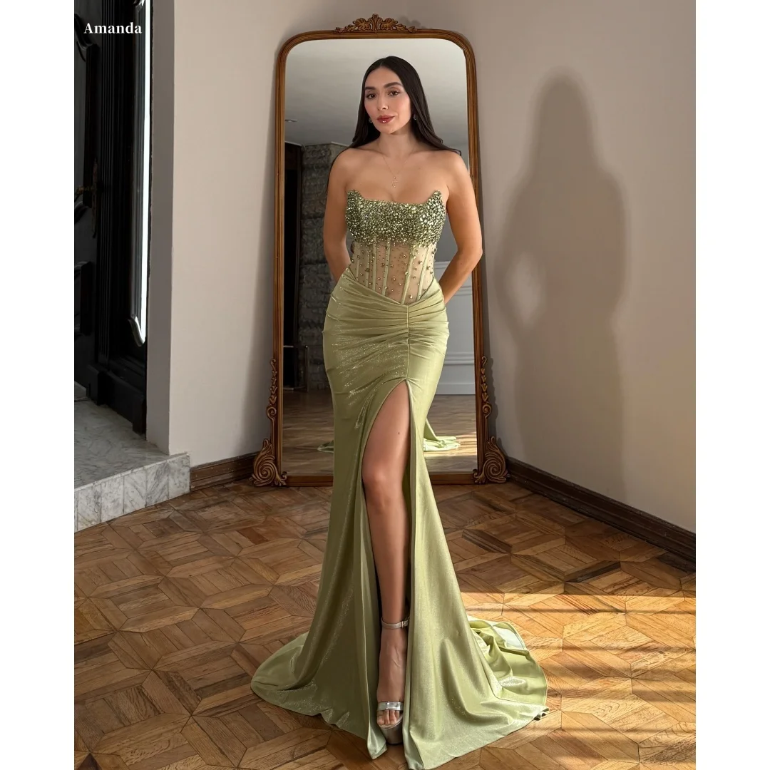

Amanda индивидуальное зеленое платье русалки с бисером для выпускного вечера с разрезом по бокам без бретелек Vestidos de noche длиной до пола, атласное вечернее платье 2025