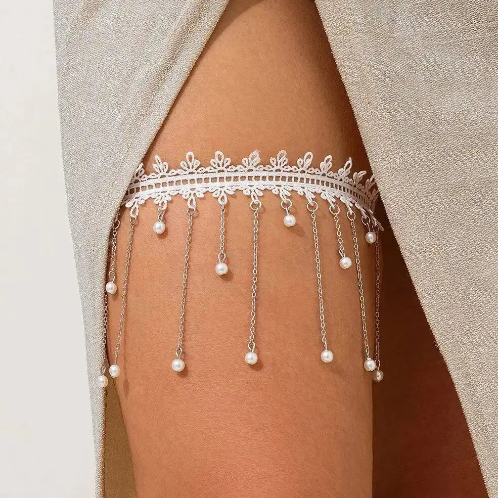 Lacteo Elegant Imitation Pearl Tassel Leg Thigh Chain for Women Simple Sexy Elastic Bandage Garter Belt Body Jewelry Accessories