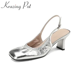 Krazing Pot Full Grain Leather Shallow Summer Square Toe Thick High Heels Pleated Decoration England Style Slingback Women Pumps