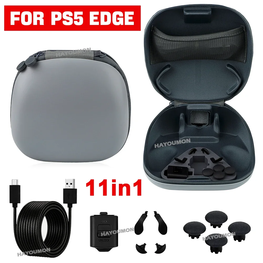 11 IN 1 Accessory Kit For PS5 EDGE Controller Storage Bag Complete Component Pack,Braided Charge Cable,Lock Housing,Back Paddles