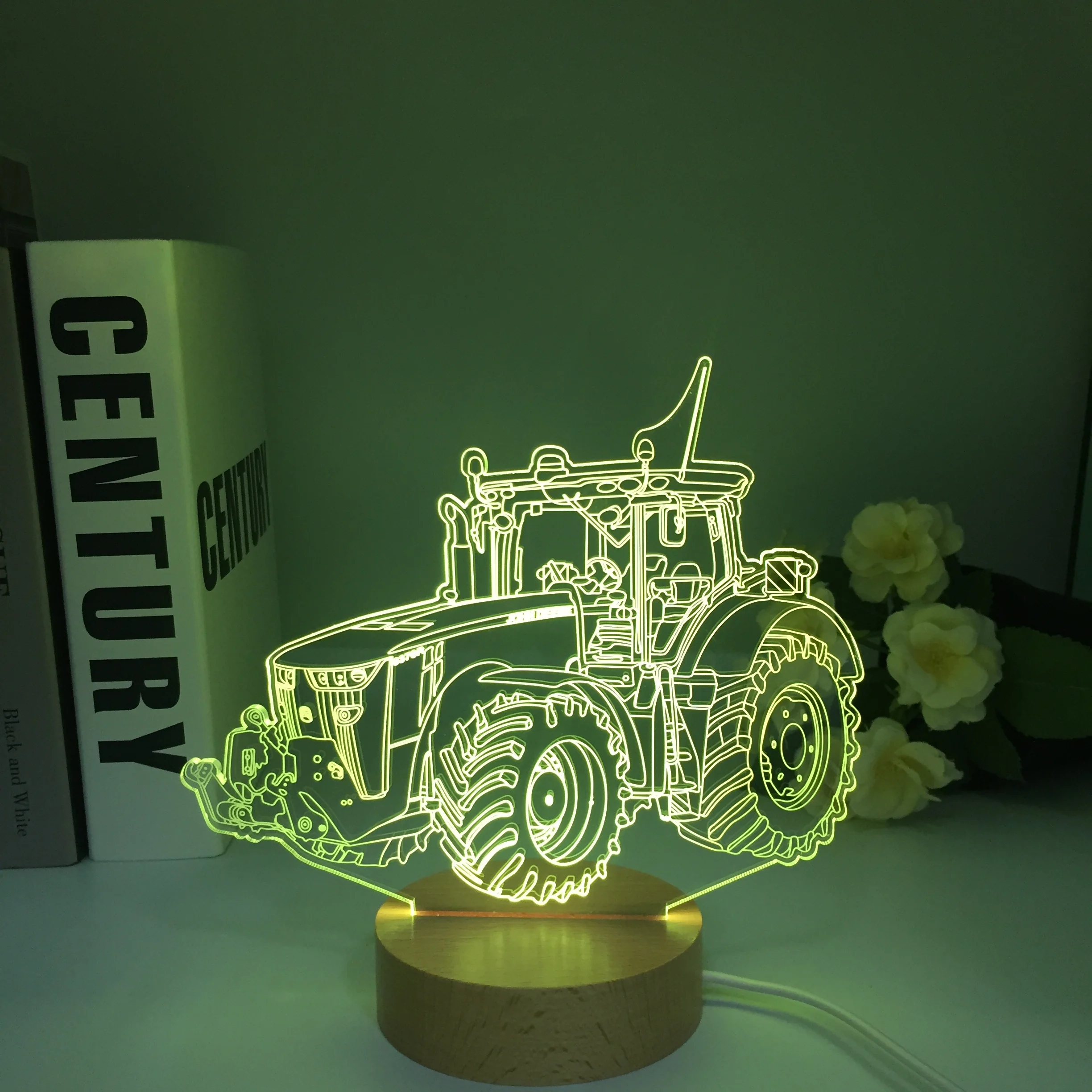 Tractor 3D Illusion Wooden Night Light Colors Changing Toy Lamp USB Charge Table Desk Bedroom Decoration Gifts for  Kids