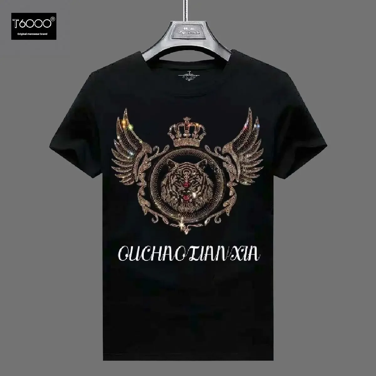 

High Quality Men's T-shirt,Black Hot Diamond Tiger Head, New Graphic T-shirt,Chinese Dragon Pattern T-shirt,Cheetah Head T-shirt