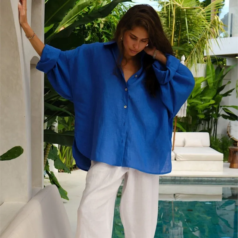 여성 린넨 화이트 셔츠 긴팔 우아한 핑크 루즈핏 패션 블라우스 여름 빈티지 베이직 탑 라펠 셔츠 여성용 2025 가을