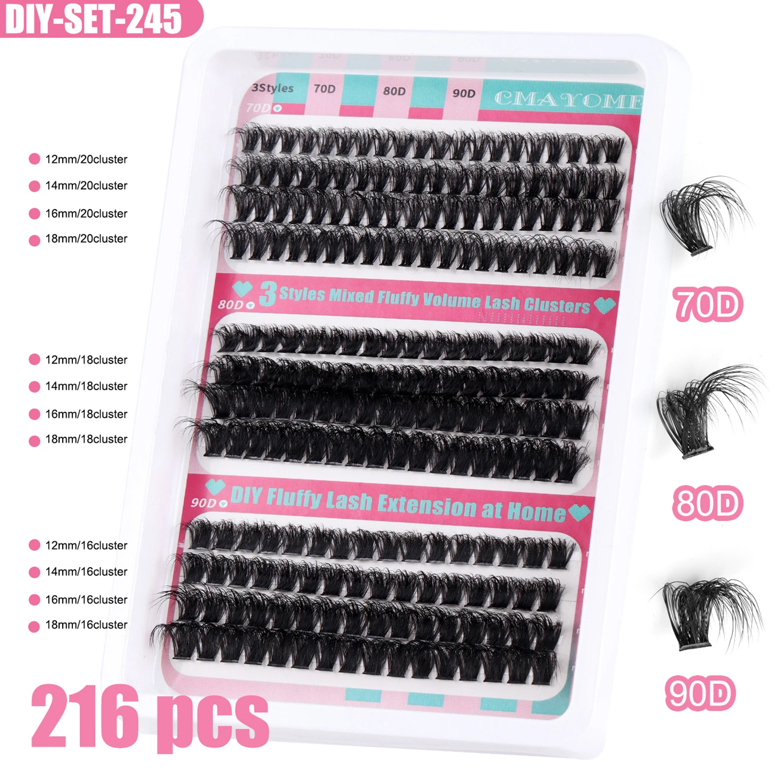 70D 80D 90D Clusters lashes Bond And Seal Glue Remover kit 216pcs Fluffy volume Eyelashes Extension 12-18mm natural long lash