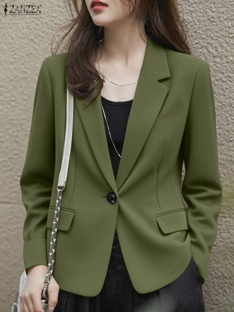 

ZANZEA 2021, стильный женский пиджак, осенний элегантный пиджак с лацканами и длинными рукавами, офисная верхняя одежда, повседневные однотонные пальто на пуговицах