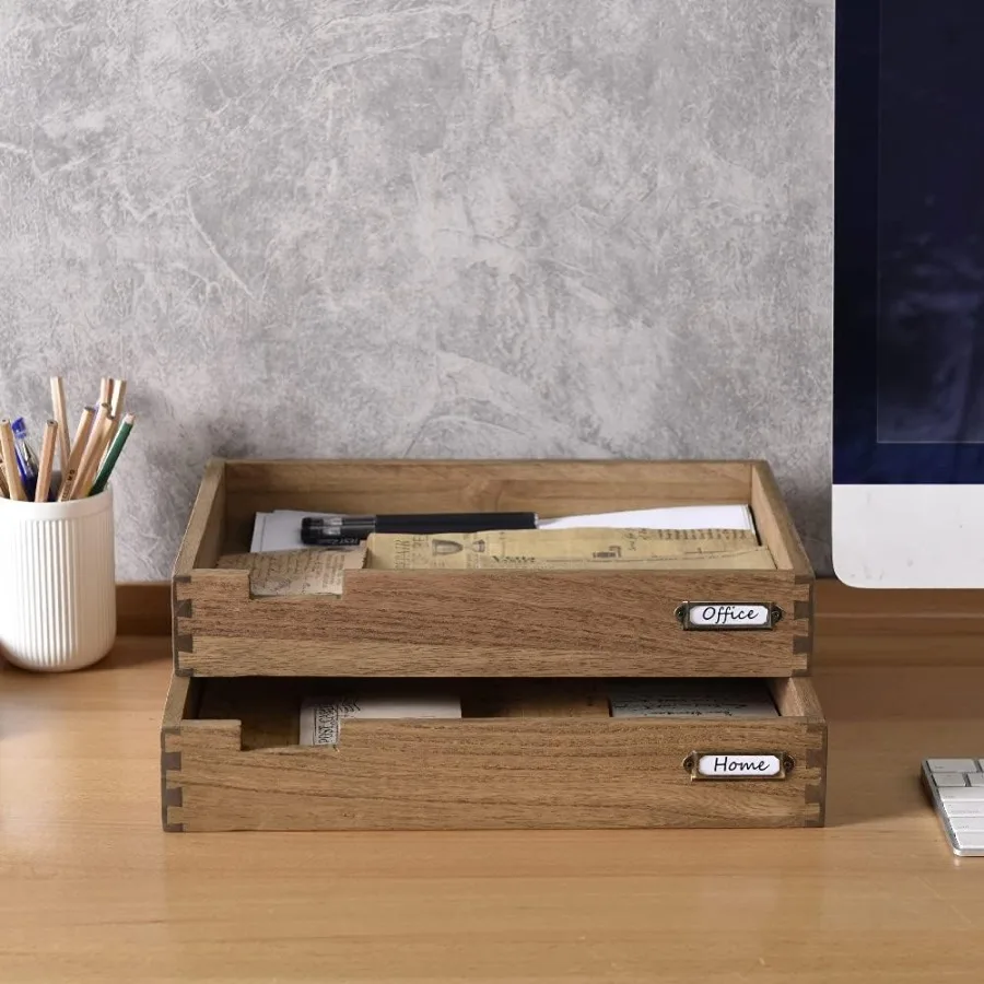 علبة مكتب خشبية قابلة للتكديس لتنظيم الحروف المكتبية مكونة من قطعتين - منظم مكتبي من طبقتين مع حامل بطاقة ملصق معدني لـ Effi #6