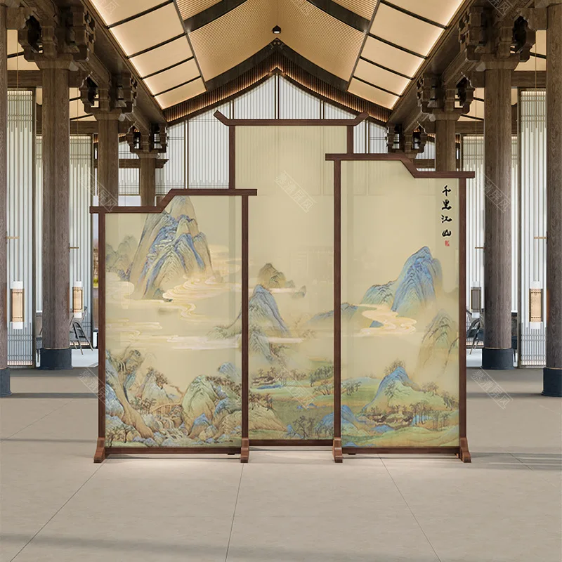 New Chinese Style Vast Rivers and Mountains Map Solid Wood Screen Home Mobile Seat Screen Company Lobby Decoration Office Cover