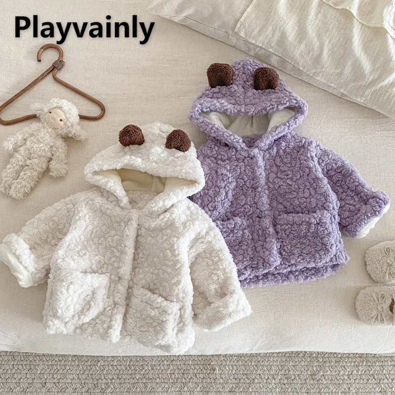 

2025 New Baby Fashion Hooded Jacket with Bear Ears Plush Fleece-Lined Thick Warm Coats Infant Girls Winter Hoody Outwear Z713