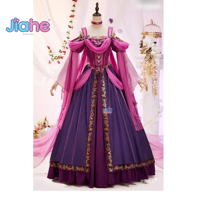 أزياء رابونزيل التأثيرية لفيلم القرون الوسطى الرائع للفتيات البالغات فستان الأميرة أغطية الرأس قلادة زي الهالوين مجموعة رابونزيل الجديدة