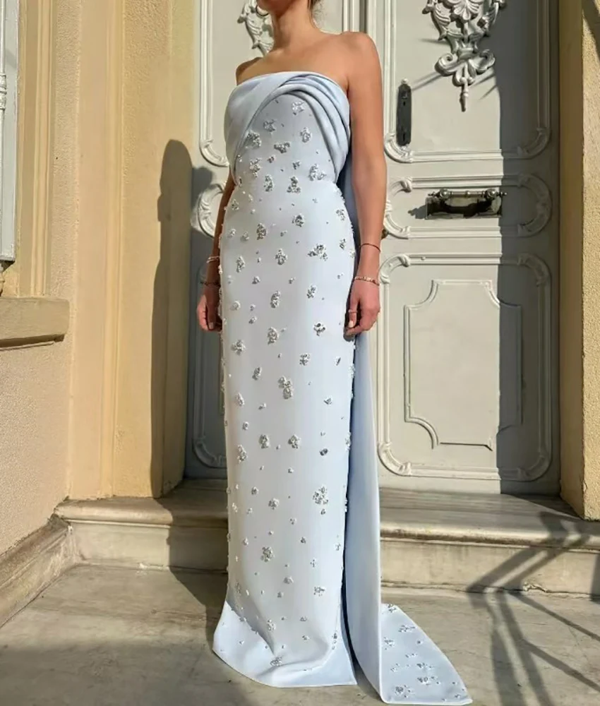 

Customized Graceful Jersey Straight Crystal Tiered Evening Dress Temperament Sleeveless Strapless Floor Length prom dresses